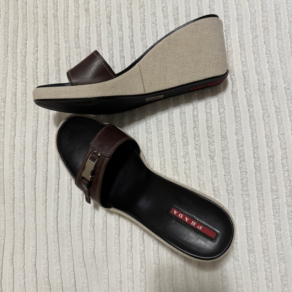 Prada Buckle Leather Wedge Heels